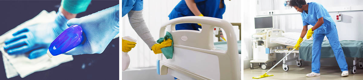 Using antibacterial spray from a body fluids kit to clean a surface; professional cleaners; janitor cleaning up a spill