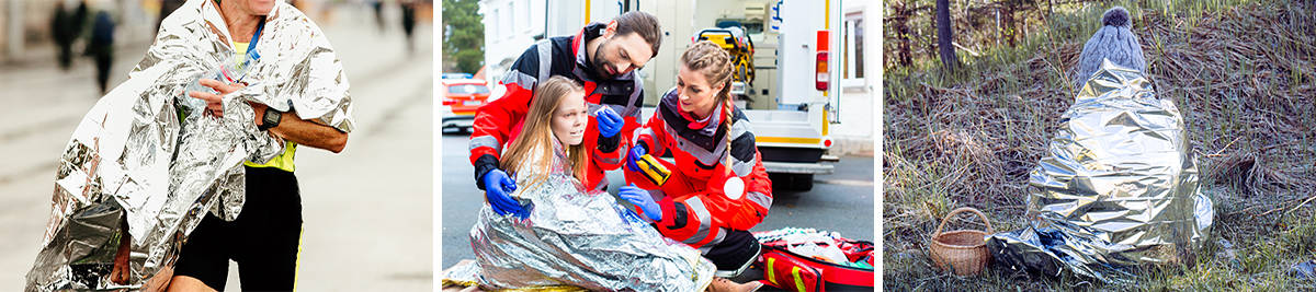 Marathon runner with foil blanket, EMS wrapping a victim in foil blanket, Camper using a foil blanket