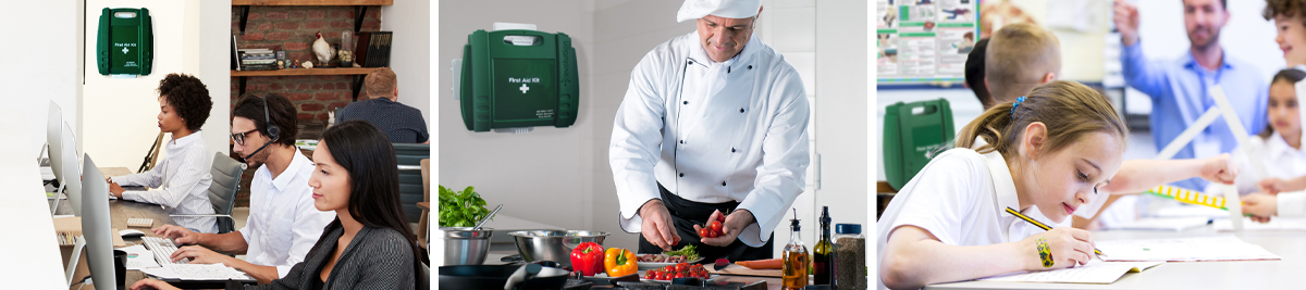 Employees working at computers, a chef chopping vegetables and children writing at school, all with first aid boxes nearby