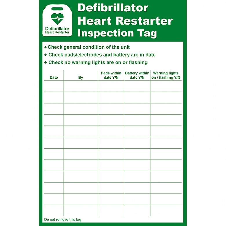 Defibrillator Heart Restarter (AED) Inspection Tag, 8.5x13cm (Pack of 10)